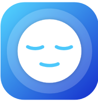 A white face with a peaceful expression, including closed eyes and a slight smile, is centered on a blue, rounded square background. The design conveys a sense of calm and tranquility.