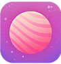 Illustration of a stylized pink planet with smooth stripes against a purple background, featuring small dots resembling stars.