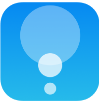 Blue square icon with three overlapping white circles of increasing size from bottom to top, resembling a speech bubble. The background is a gradient from light to darker blue.