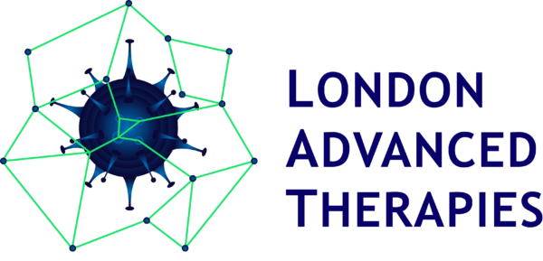 A logo showcasing a 3D blue virus-like structure encased in a geometric wireframe design, subtly symbolizing iMatch. To the right, bold dark blue text spells London Advanced Therapies. The wireframe is outlined in green, enhancing its modern feel.