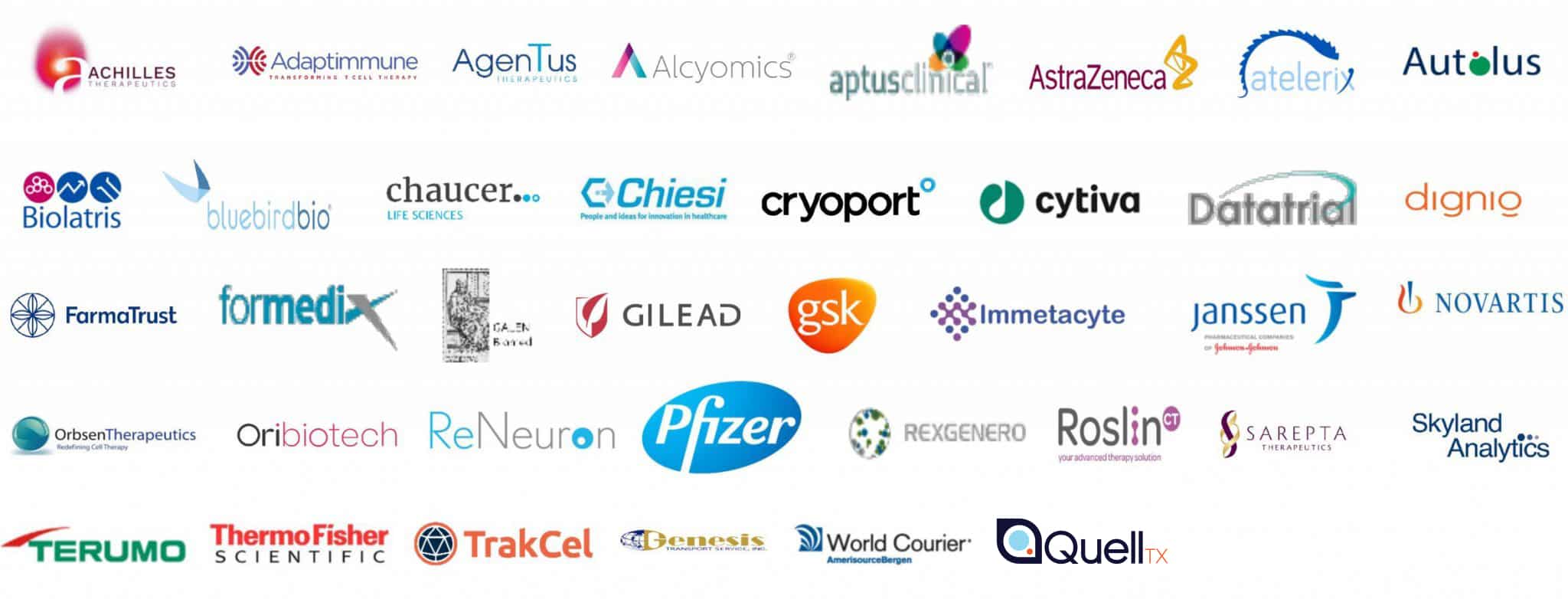 A collection of various pharmaceutical and biotech company logos arranged in rows on a white background.